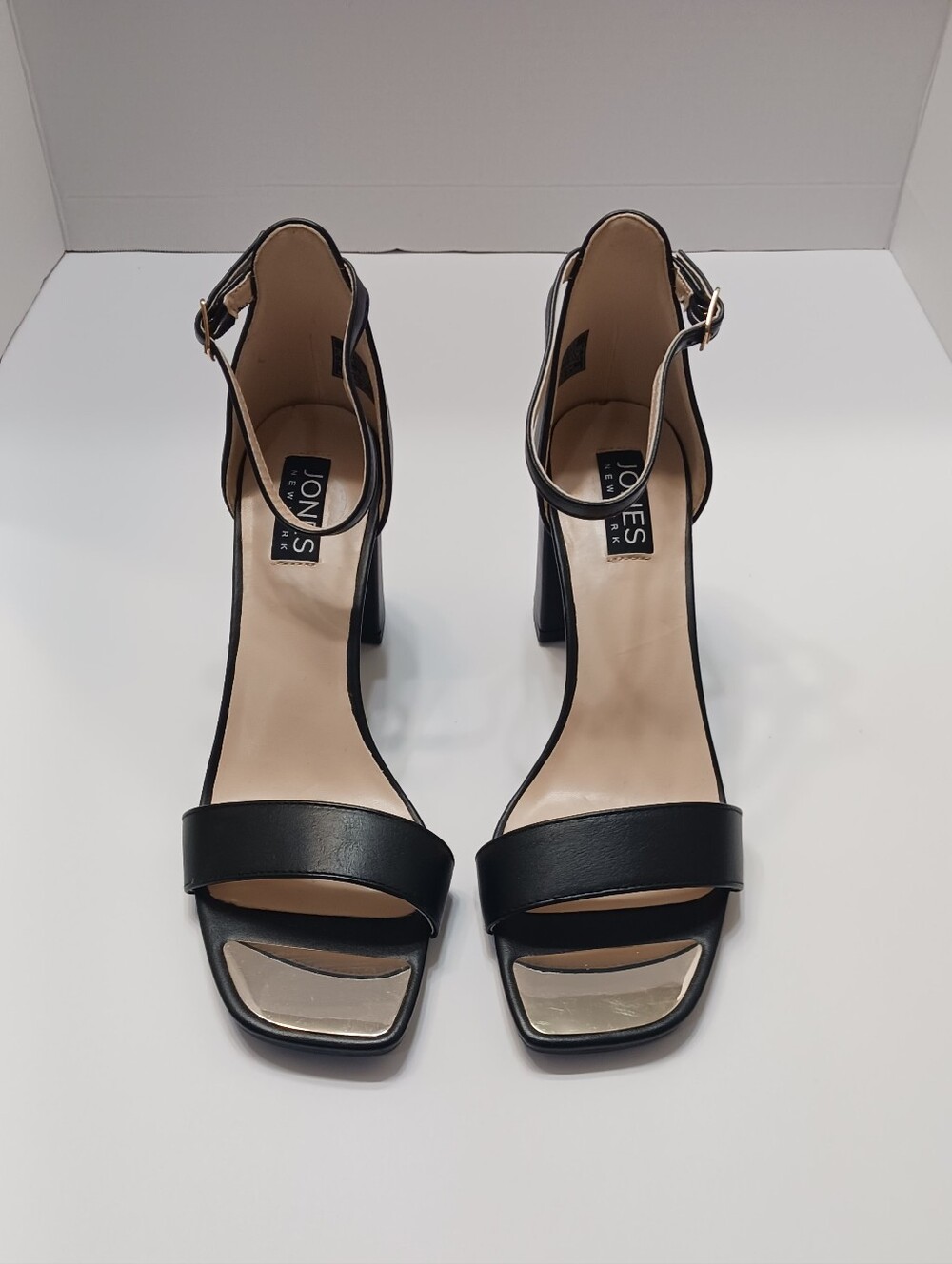 Jones New York Black Ankle-Strap Block Heel Sandals with Gold Buckle